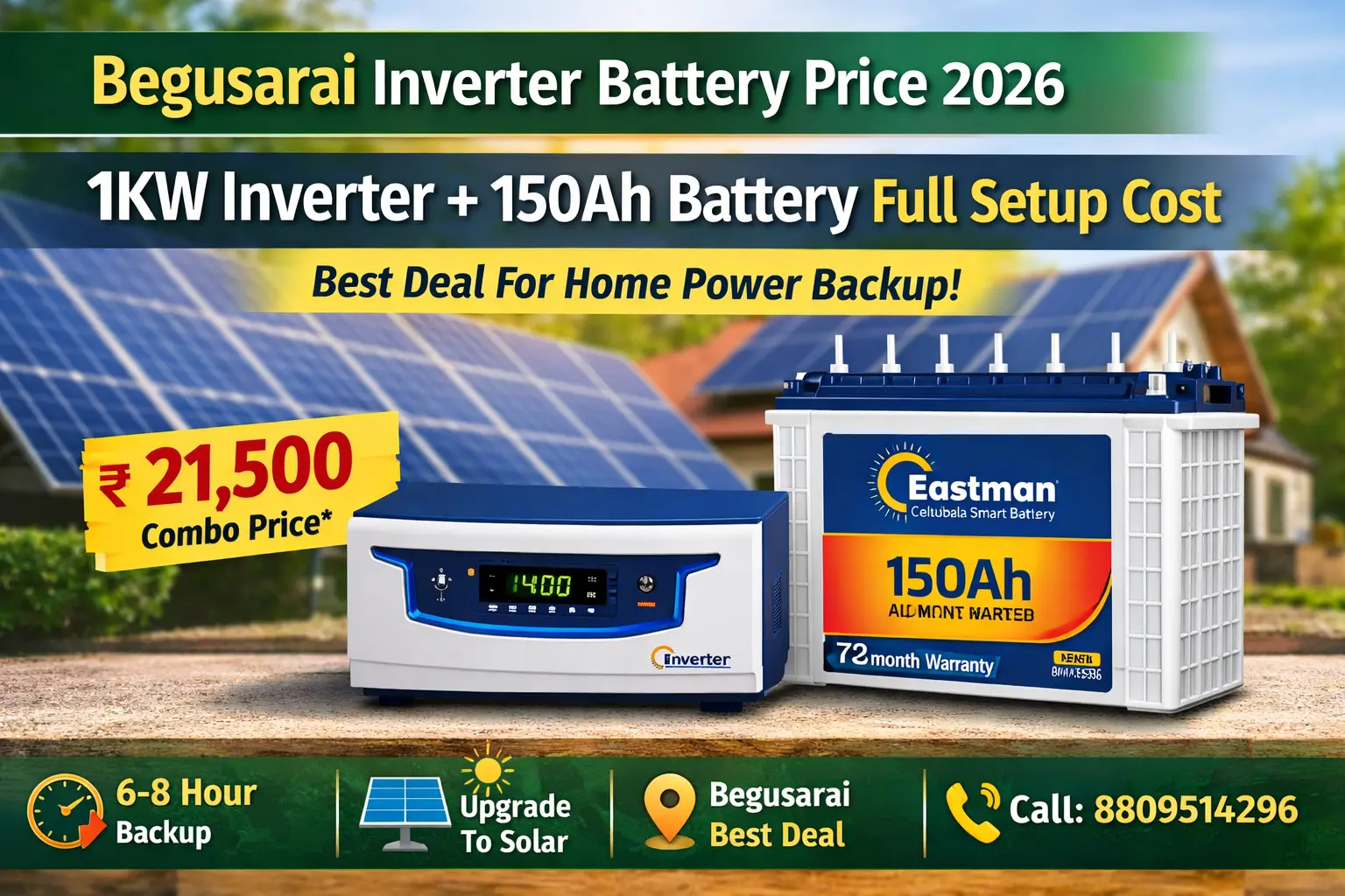 Begusarai Me Inverter Battery Price 2026 – 1KW Inverter + 150Ah Battery Full Setup