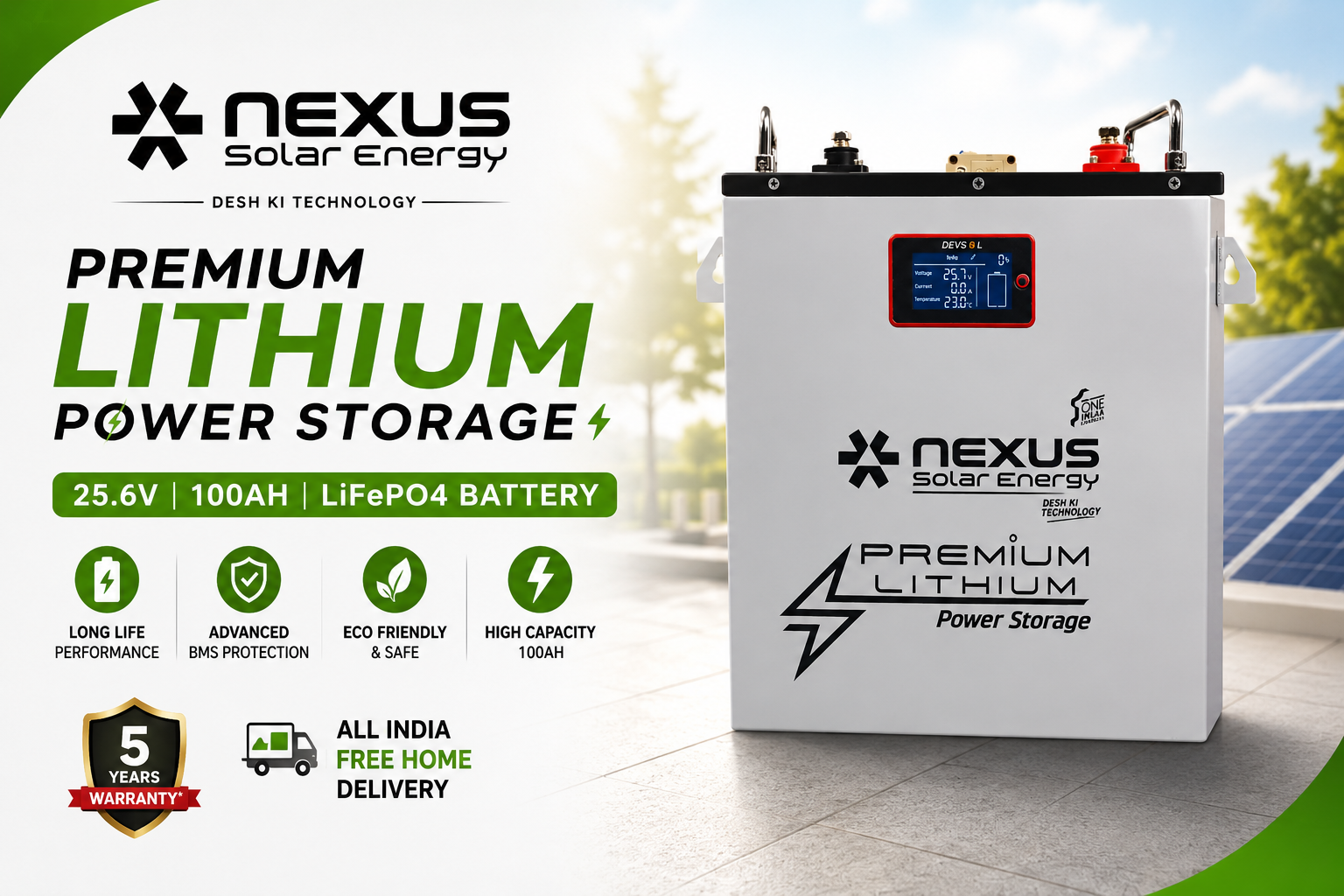 Nexus 25.6V 100Ah LiFePO4 Solar Lithium Battery Price in India – 5 Year Warranty