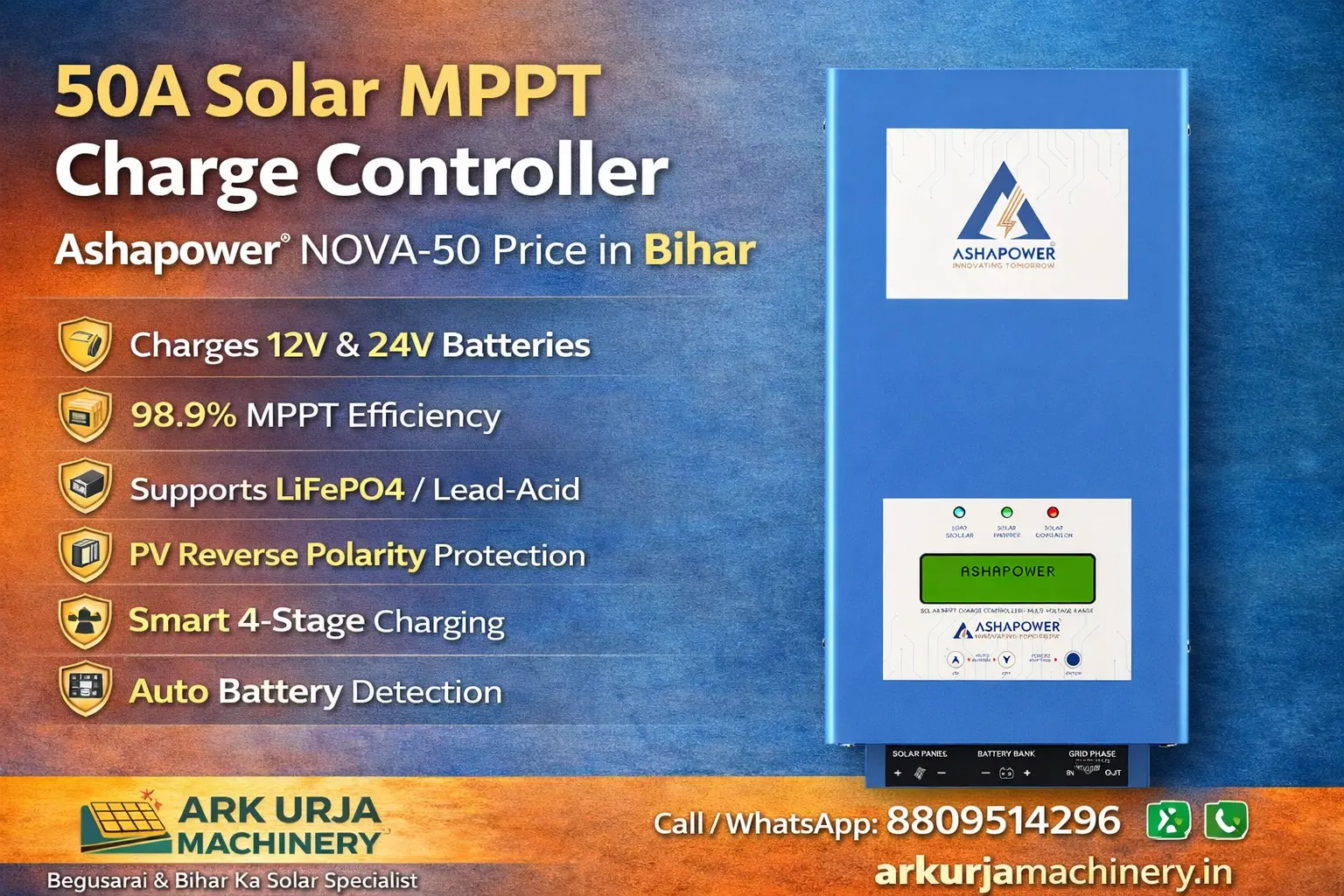 50A Solar MPPT Charge Controller | Ashapower NOVA-50 Price in Bihar